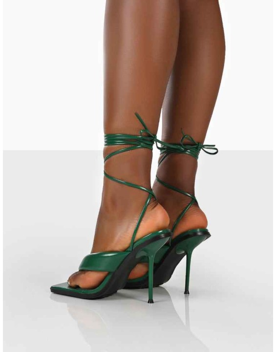 Grand Green Toe Thong Front Square Toe Lace Up Stiletto Heels