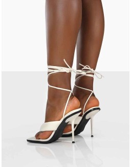 Grand White Toe Thong Front Square Toe Lace Up Stiletto Heels