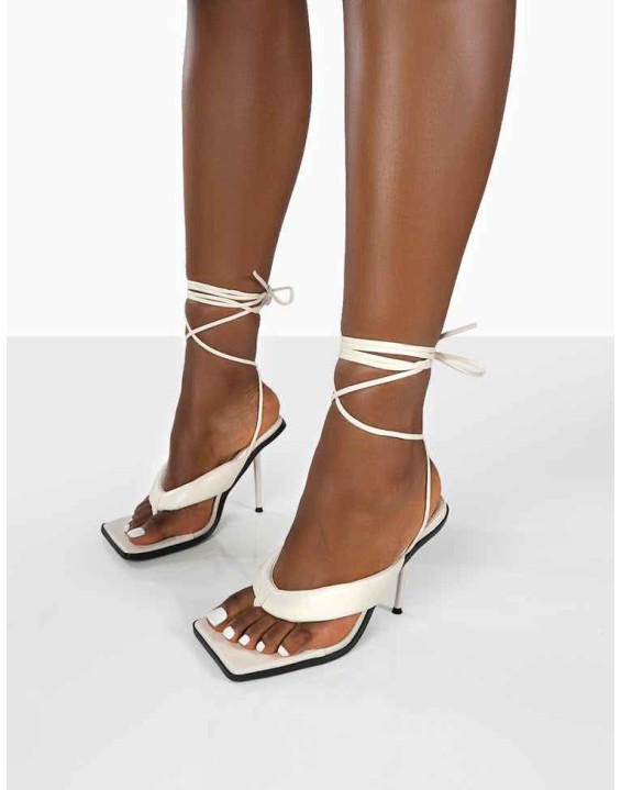 Grand White Toe Thong Front Square Toe Lace Up Stiletto Heels
