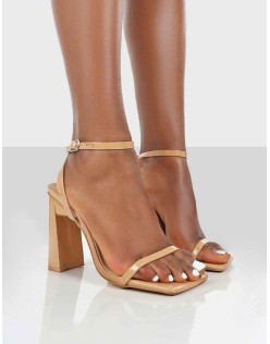 Charlotte Camel Patent Square Toe Strappy Block Heels