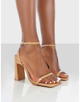 Charlotte Camel Patent Square Toe Strappy Block Heels