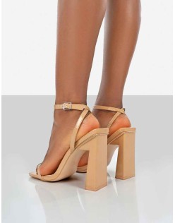 Charlotte Camel Patent Square Toe Strappy Block Heels