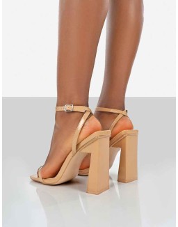 Charlotte Camel Patent Square Toe Strappy Block Heels