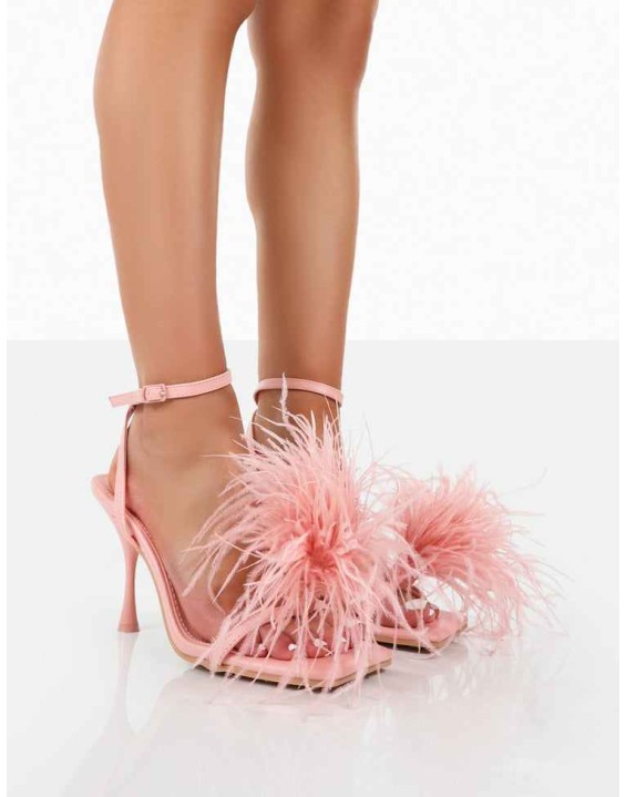 Prancy Pink PU Feather Square Toe Heels