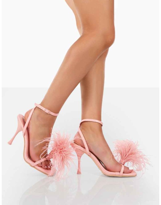 Prancy Pink PU Feather Square Toe Heels