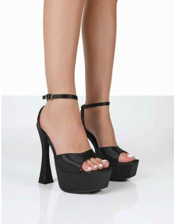 Truce Black Satin Strappy Platform Party High Heels