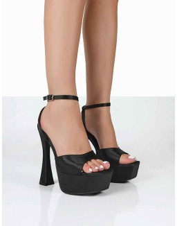 Truce Black Satin Strappy Platform Party High Heels