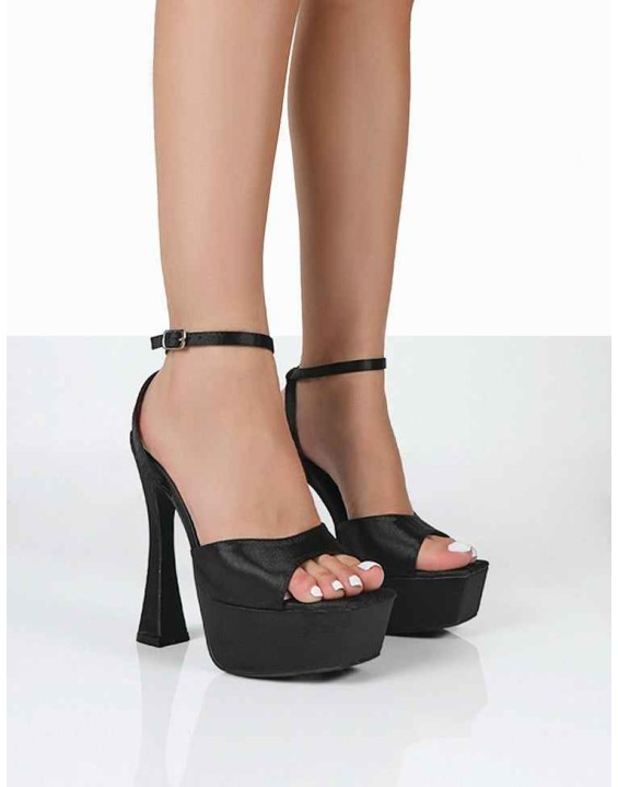 Truce Black Satin Strappy Platform Party High Heels
