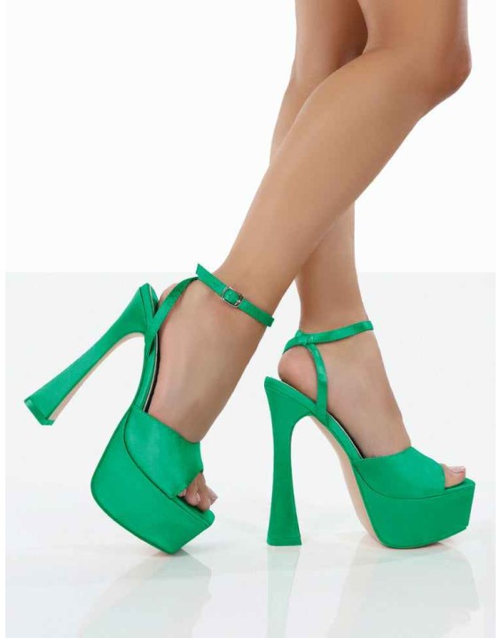 Truce Green Satin Strappy Platform Party High Heels