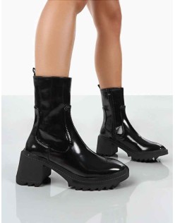 Sway Black PU Heeled Wellies Ankle Boots