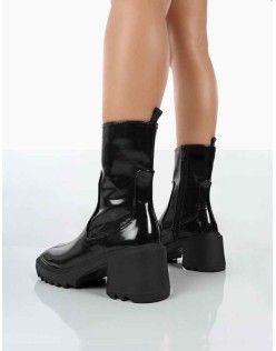 Sway Black PU Heeled Wellies Ankle Boots