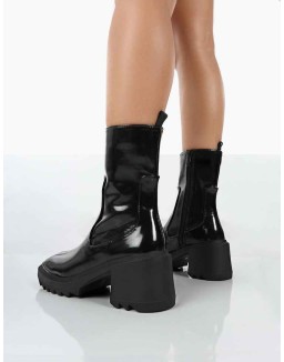 Sway Black PU Heeled Wellies Ankle Boots