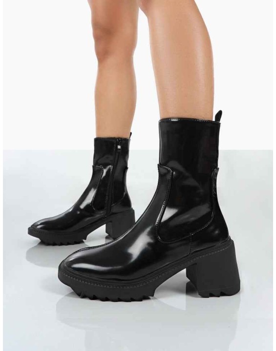 Sway Black PU Heeled Wellies Ankle Boots