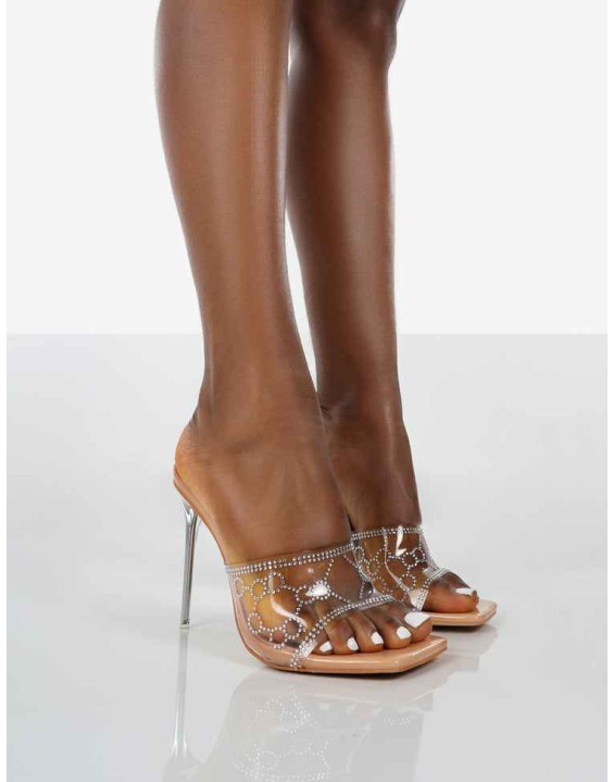Progress Nude Patent Clear Perspex Strappy Square Toe Slip On Glittery Party Heels