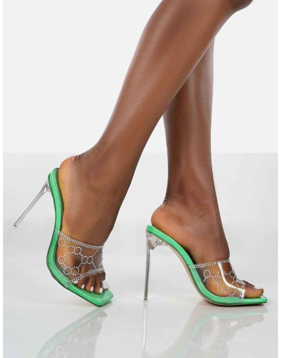 Progress Green Patent Clear Perspex Strappy Square Toe Slip On Glittery Party Heels