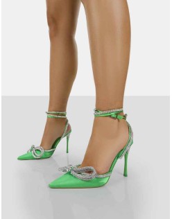 Midnight Green Satin Wrap Around Bow Pointed Toe Court Heels