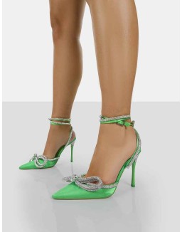 Midnight Green Satin Wrap Around Bow Pointed Toe Court Heels
