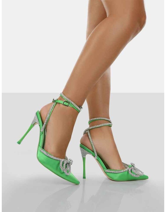 Midnight Green Satin Wrap Around Bow Pointed Toe Court Heels