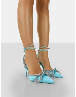 Midnight Blue Satin Wrap Around Bow Pointed Toe Court Heels