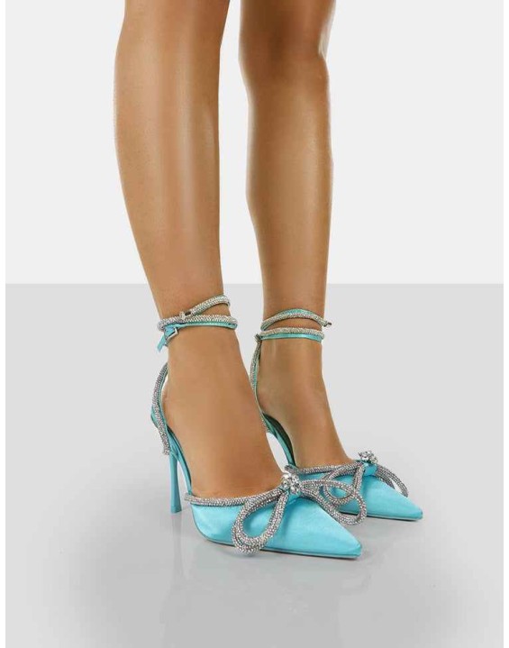 Midnight Blue Satin Wrap Around Bow Pointed Toe Court Heels