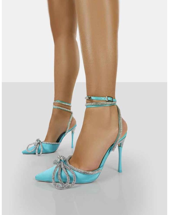 Midnight Blue Satin Wrap Around Bow Pointed Toe Court Heels
