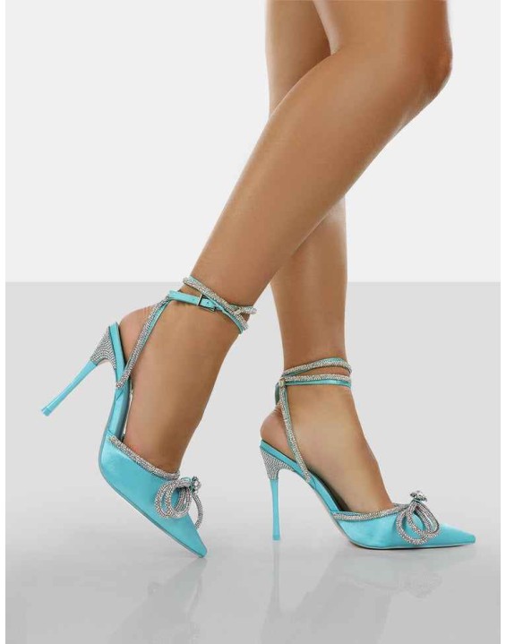 Midnight Blue Satin Wrap Around Bow Pointed Toe Court Heels