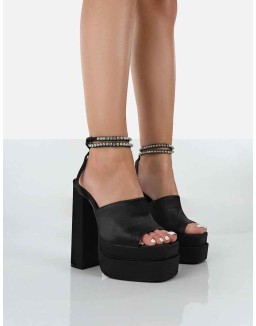 Lilibet Black Satin Diamante Lace Up Strappy Open Toe Statement Platform Block Heels
