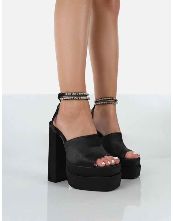 Lilibet Black Satin Diamante Lace Up Strappy Open Toe Statement Platform Block Heels