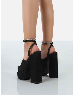 Lilibet Black Satin Diamante Lace Up Strappy Open Toe Statement Platform Block Heels