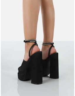 Lilibet Black Satin Diamante Lace Up Strappy Open Toe Statement Platform Block Heels