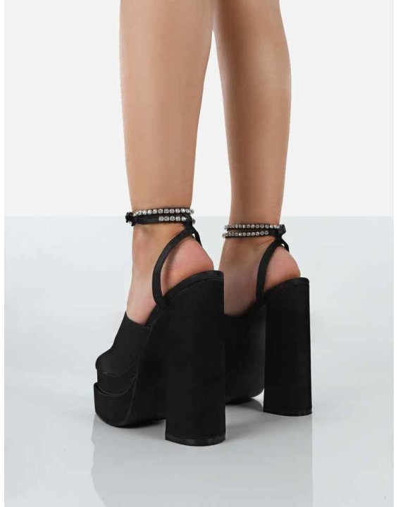 Lilibet Black Satin Diamante Lace Up Strappy Open Toe Statement Platform Block Heels