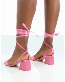 Caught Out Pink Satin Square Open Toe Lace Up Block Heeled Sandals