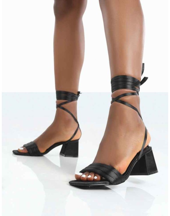 Caught Out Black Satin Square Open Toe Lace Up Block Heeled Sandals