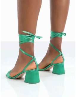 Caught Out Green Satin Square Open Toe Lace Up Block Heeled Sandals