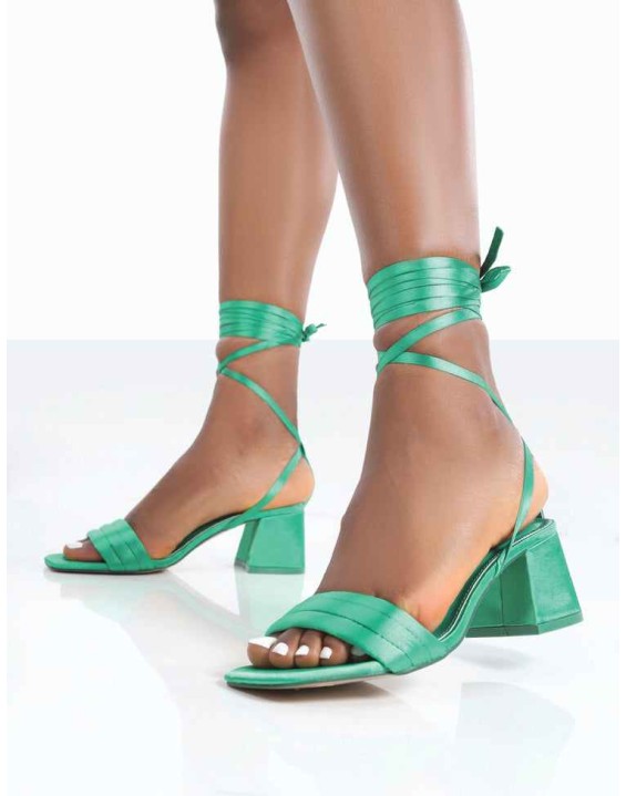 Caught Out Green Satin Square Open Toe Lace Up Block Heeled Sandals