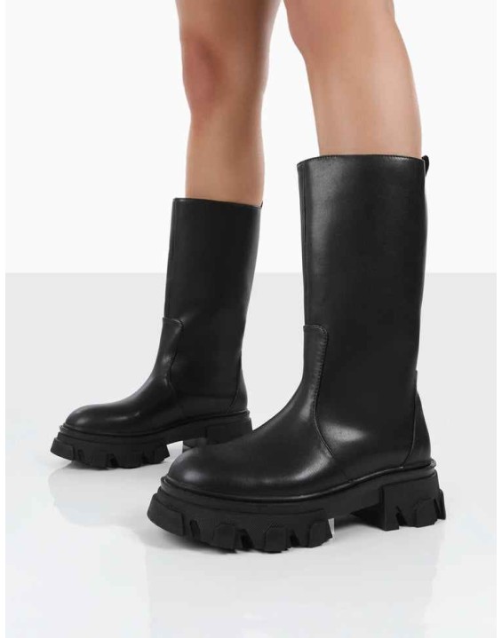 Jolie Black Pu Knee High Chunky Sole Long Boots