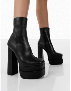Supine Black Pu Chunky Platform High Heeled Ankle Boots