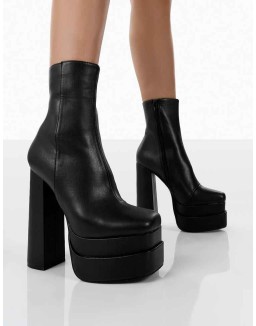 Supine Black Pu Chunky Platform High Heeled Ankle Boots