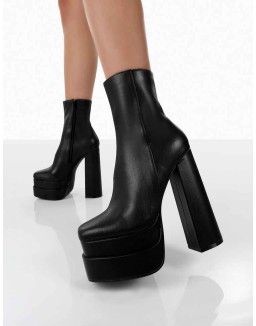 Supine Black Pu Chunky Platform High Heeled Ankle Boots