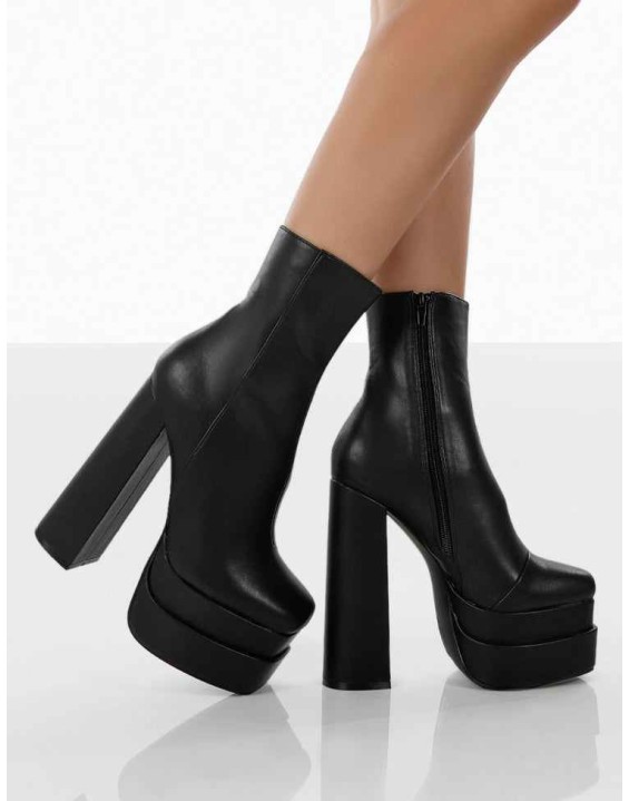 Supine Black Pu Chunky Platform High Heeled Ankle Boots