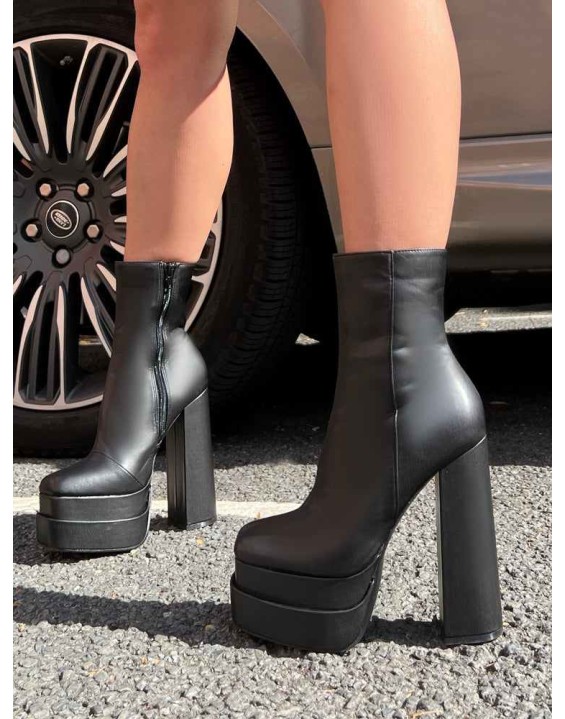 Supine Black Pu Chunky Platform High Heeled Ankle Boots
