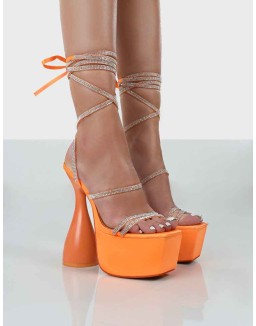 Shine Orange Satin Diamante Lace Up Cylinder Platform Heels