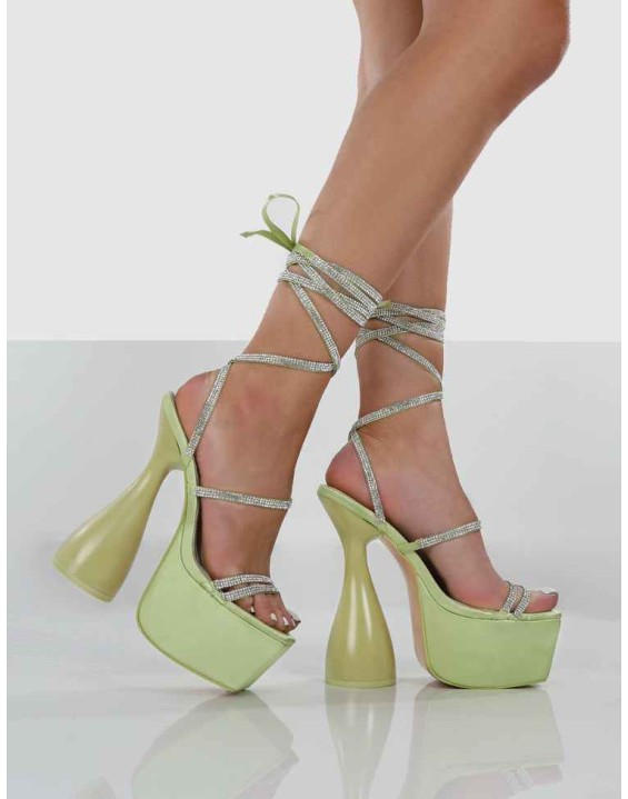 Shine Green Satin Diamante Lace Up Cylinder Platform Heels