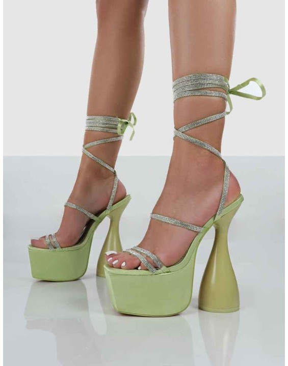 Shine Green Satin Diamante Lace Up Cylinder Platform Heels