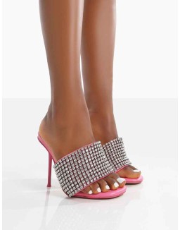 High Shine Pink PU Diamante Strappy Heeled Mules