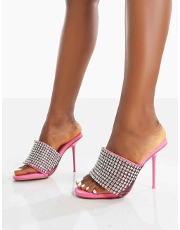 High Shine Pink PU Diamante Strappy Heeled Mules