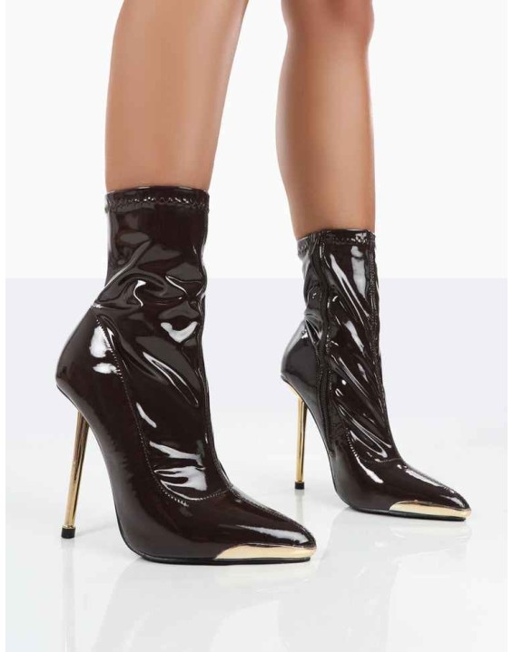 Player Choc Patent Stiletto Heel Ankle boots
