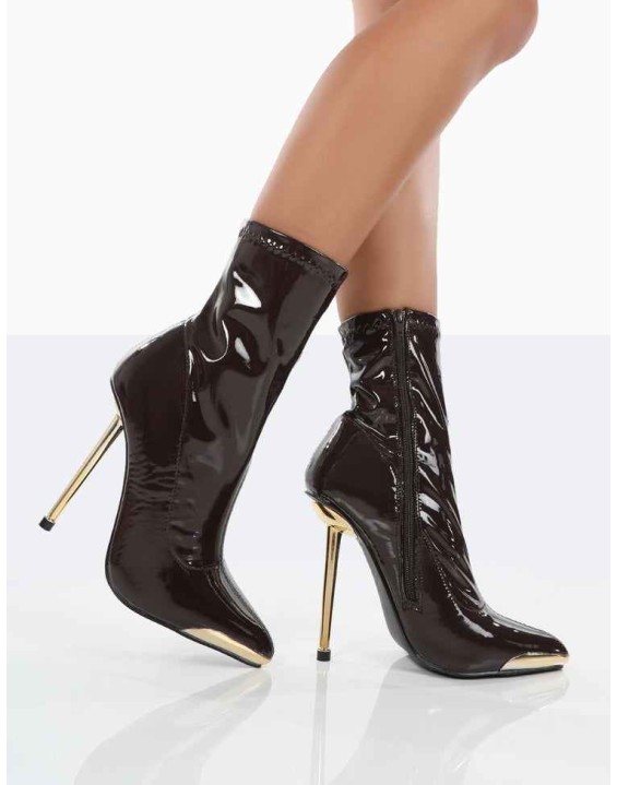 Player Choc Patent Stiletto Heel Ankle boots