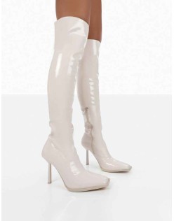 Jenine Ecru Patent Over The Knee Stiletto Heeled Boots