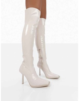 Jenine Ecru Patent Over The Knee Stiletto Heeled Boots